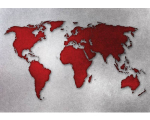 Weltkarte auf Betonwand, rot und grau abstrahiert für ein modernes und urbanes Gefühl.