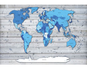 Weltkarte auf Holz, blau gerenderte abstrakte Fototapete mit globalem Flair.