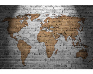 Weltkarte auf einer Steinmauer, abstrakt dargestellt in Gold und Grau für einen coolen Look.