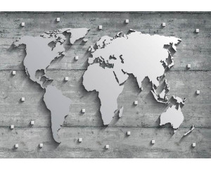 Fototapete mit einer Weltkarte aus Metall und Beton, abstraktes Silberdesign.