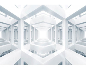 Weißer Raum, 3D-Fototapete mit geometrischen Formen und futuristischem Design.