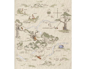 Winnie the Pooh Map Fototapete mit einer verspielten Karte des Hundertmorgenwaldes, die Orte wie Poohs und Ferkels Haus zeigt.