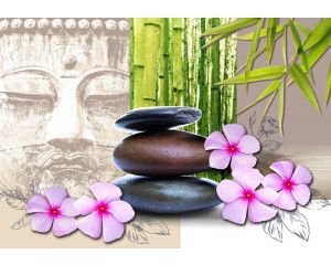 Fototapete mit einem ruhigen Buddha, umgeben von Steinen und Blumen.