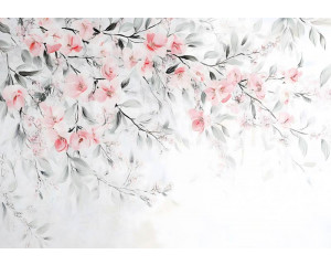 Fotobehang met zachte bloesemtakken in aquarelstijl in roze en pastelkleuren op een lichte achtergrond.