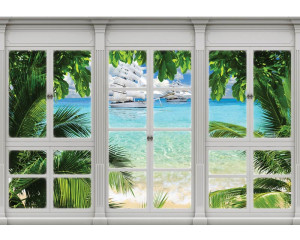 Fototapete mit Meerblick und Booten durch ein Fenster, gerendert in 3D-Perspektive.