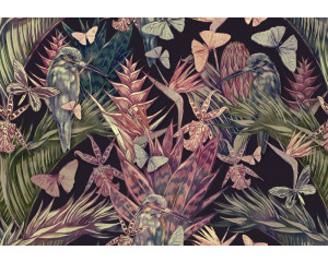 Fototapete mit Sommergarten voller Schmetterlinge und Vögel in bunter Natur.