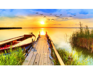 Fototapete eines Sonnenuntergangs über einem Steg mit Blick auf einen See, umgeben von einer friedlichen Naturlandschaft.