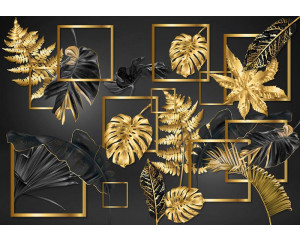 Fototapete mit schwarzem und goldenem Blattwerk in einem abstrakten Kunstdesign.