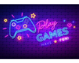 Spiele-Tapete mit einem neonbeleuchteten Controller und Text-Spielen.