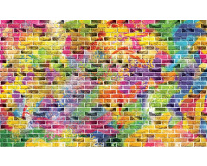 Graffiti-Wand Fototapete mit buntem Wandbild und Ziegeln.