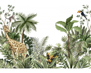 Safari-Tiere und botanische Pflanzen in einer tropischen Dschungelumgebung, eine Fototapete, die Abenteuer und Natur verbindet.