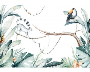 Botanische Safari-Dschungel-Fototapete mit wilden Tieren und tropischen Pflanzen, ideal für ein abenteuerliches Kinderzimmer.