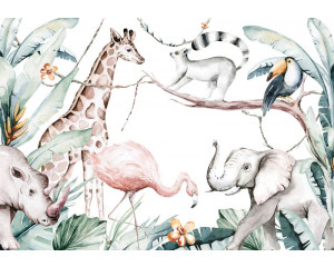 Dschungelsafari mit Tieren und Pflanzen in einem farbenfrohen Kindertapetenstil, perfekt für ein abenteuerliches Kinderzimmer.