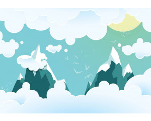 Kindertapete mit hohen Berggipfeln und Wolken, beruhigend und naturgetreu.