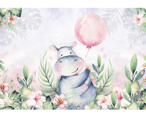 Kindertapete mit einem Nilpferd und fröhlichen Blumen, geeignet für Babyzimmer.