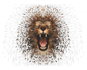 Weißer Löwe auf Fototapete, Kunst und Tiere kombiniert.