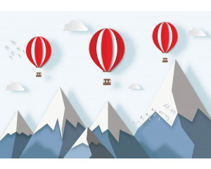 Heißluftballons Tapete mit Bergen und Schnee, fröhlich und bunt.