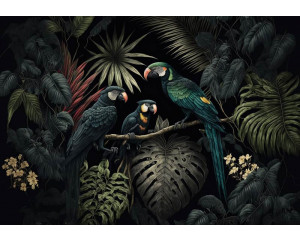 Fototapete mit farbenfrohen Papageien, die inmitten großer, grüner Dschungelblätter nisten. Tropische Vögel und dichte Vegetation schaffen eine lebendige, botanische Atmosphäre.