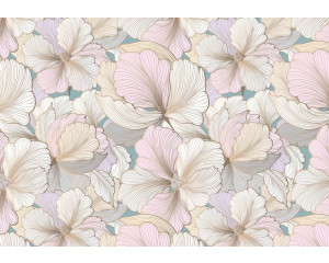 Pastellblumen-Fototapete, malerisches Design mit hellen Farben, die ein subtiles und ruhiges Ambiente schaffen.