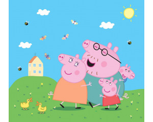 Hintergrundbild von Peppa Pig, George, Papa Pig und Mama Pig, die lächelnd vor ihrem Haus stehen, umgeben von niedlichen Enten, summenden Bienen und flatternden Schmetterlingen unter einer strahlenden Sonne.