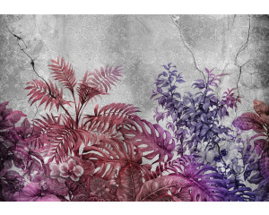 Fototapete Pflanzen auf einer Wand mit rot-lila Beton, abstraktes Design.