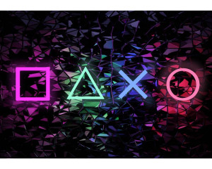 Neon-Symbole und Spielfiguren von PlayStation in einer auffälligen Neon-Farbpalette, ideal für ein Spielzimmer.