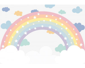 Wolken, Regenbögen und Sterne vereinen sich auf dieser Fototapete zu einem verspielten und magischen Ganzen.
