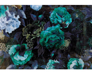 Fototapete mit grünen Kunstblumen, abstrakt und bunt gestaltet.