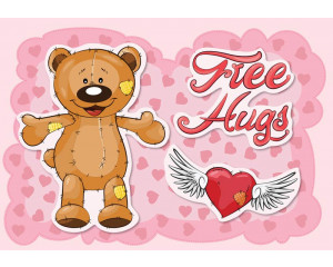 Teddybär-Tapete mit dem Text 'free hugs' und einem kuscheligen Herz.
