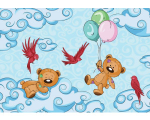 Fototapete von Teddybären in einem Babyzimmer mit Wolken, bunt und fröhlich.