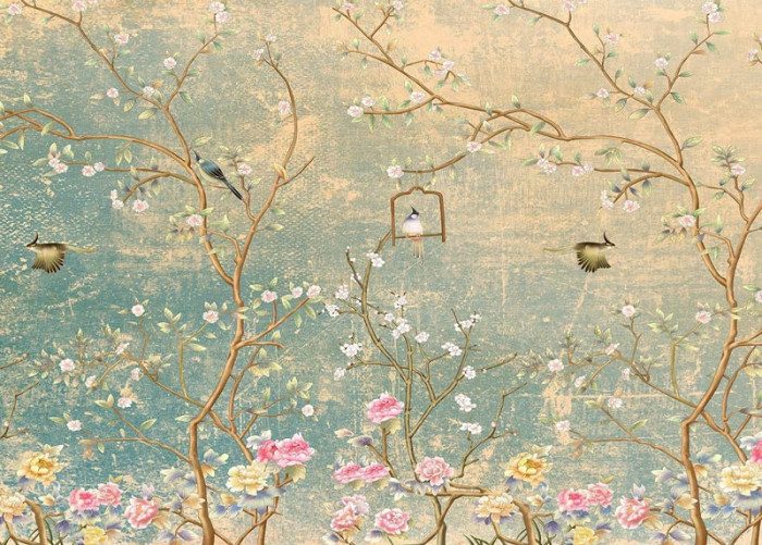 Fototapete Blumen und Vögel auf Grunge-Wand