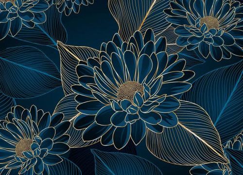 Eine Fototapete mit Chrysanthemenblüten, bei der verschnörkelte goldene Chrysanthemen auf einem tiefgrünen Hintergrund ein luxuriöses und elegantes Aussehen erzeugen.
