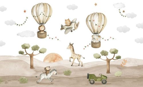 Fototapete für Kinder, die Safari lieben mit Savanne und Tieren.