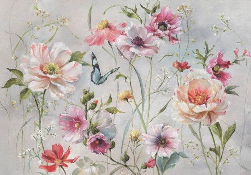 Fototapete mit Stockrosen und Schmetterlingen, dargestellt in einer farbenfrohen Blumenmalerei.